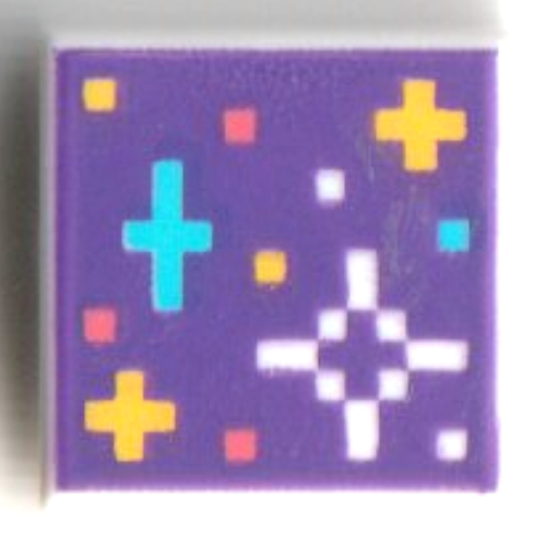 Visuel indicatif Rebrickable de Tuile 1 x 1 avec motif imprimé pixelisé orange clair/azur foncé/blanc sur fond violet foncé (Tile 1 x 1 with Pixelated Bright Light Orange/Dark Azure/White Stars on Dark Purple Background Print)