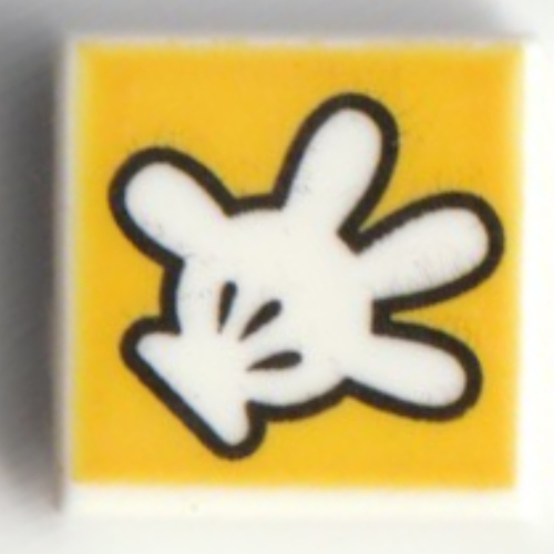 Visuel indicatif Rebrickable de Tuile 1 x 1 avec gant de souris mickey / main, doigts étalés sur fond jaune motif imprimé (Tile 1 x 1 with Mickey Mouse Glove/Hand, Fingers Spread Out on Yellow Background Print)