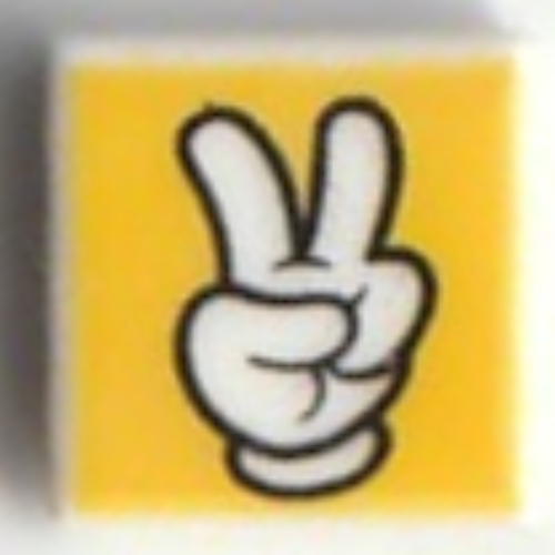 Visuel indicatif Rebrickable de Tuile 1 x 1 avec gant de souris mickey / main, 2 doigts sur fond jaune motif imprimé (Tile 1 x 1 with Mickey Mouse Glove/Hand, 2 Fingers Up on Yellow Background Print)