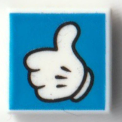 Visuel indicatif Rebrickable de Tuile 1 x 1 avec gant de souris mickey / main, pouces vers le haut sur fond bleu motif imprimé (Tile 1 x 1 with Mickey Mouse Glove/Hand, Thumbs Up on Blue Background Print)