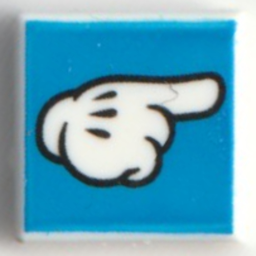 Visuel indicatif Rebrickable de Tuile 1 x 1 avec gant de souris mickey / main, pointant sur fond bleu motif imprimé (Tile 1 x 1 with Mickey Mouse Glove/Hand, Pointing on Blue Background Print)