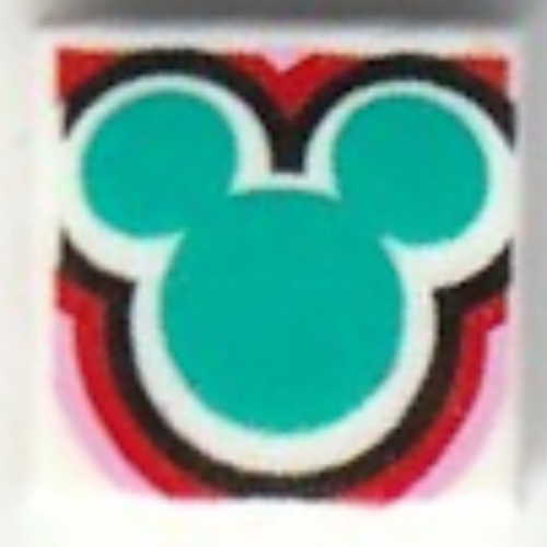 Visuel indicatif Rebrickable de Tuile 1 x 1 avec contour de la souris turquoise foncé, blanc/noir/rouge/lignes roses vives motif imprimé (Tile 1 x 1 with Dark Turquoise Mickey Mouse Outline, White/Black/Red/Bright Pink Lines Print)