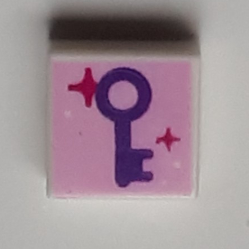 Visuel indicatif Rebrickable de Tuile 1 x 1 avec clé violet foncé, étoiles magenta, fond rose vif motif imprimé (Tile 1 x 1 with Dark Purple Key, Magenta Stars, Bright Pink Background Print)