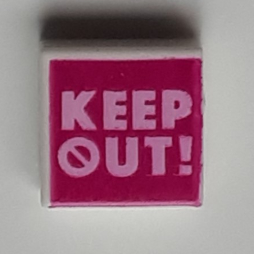 Visuel indicatif Rebrickable de Tuile 1 x 1 avec motif imprimé rose vif 'KEEP OUT!' sur fond magenta (Tile 1 x 1 with Bright Pink 'KEEP OUT!' on Magenta Background Print)