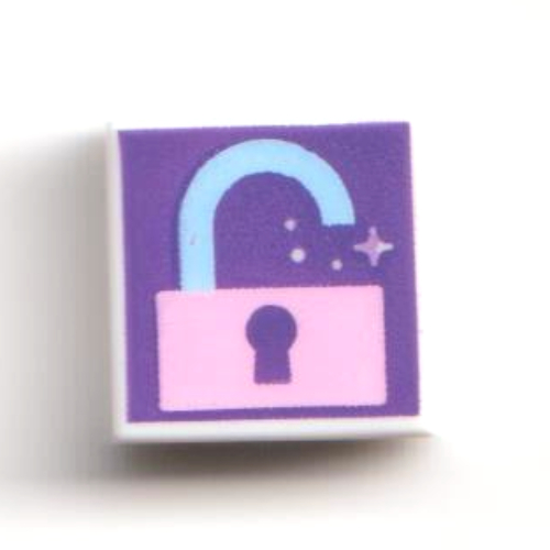 Visuel indicatif Rebrickable de Tuile 1 x 1 avec serrure ouverte rose vif/azur moyen sur fond violet foncé motif imprimé (Tile 1 x 1 with Bright Pink/Medium Azure Open Lock on Dark Purple Background Print)