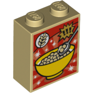 Visuel indicatif Rebrickable de Brique 1 x 2 x 2 avec bol de céréales, blé et exclamation Marques motif imprimé (Brick 1 x 2 x 2 with Cereal Bowl, Wheat and Exclamation Marks Print)