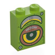 Visuel indicatif Rebrickable de Brique 1 x 2 x 2 avec œil de robot jaune, motif imprimé armure argent / cuivre (Brick 1 x 2 x 2 with Yellow Robot Eye, Silver/Copper Armor Plating Print)