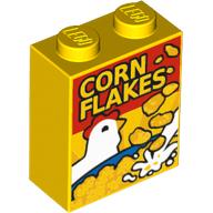 Visuel indicatif Rebrickable de Brique 1 x 2 x 2 avec boîte de céréales avec poulet et motif imprimé 'CORN FLAKES' (Brick 1 x 2 x 2 with Cereal Box with Chicken and 'CORN FLAKES' Print)