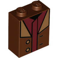 Visuel indicatif Rebrickable de Brique 1 x 2 x 2 avec chemise rouge foncé, motif imprimé manteau brun rougeâtre (Brick 1 x 2 x 2 with Dark Red Shirt, Reddish Brown Coat Print)