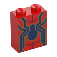 Visuel indicatif Rebrickable de Brique 1 x 2 x 2 avec fer bleu foncé Spider-Man logo, or garniture motif imprimé (Brick 1 x 2 x 2 with Dark Blue Iron Spider-Man Logo, Gold Trim Print)