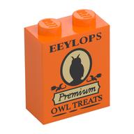 Visuel indicatif Rebrickable de Brique 1 x 2 x 2 avec motif imprimé 'EEYLOPS Premium Owl Treats' (Brick 1 x 2 x 2 with 'EEYLOPS Premium Owl Treats' Print)
