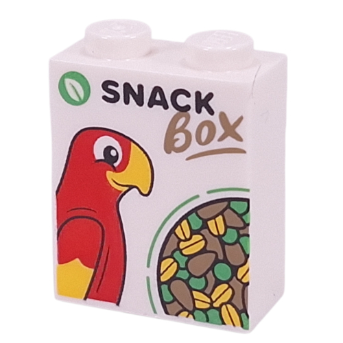 Visuel indicatif Rebrickable de Brique 1 x 2 x 2 avec 'SNACK BOX', perroquet, granules imprimé (Brick 1 x 2 x 2 with 'SNACK BOX', Parrot, Pellets Print)
