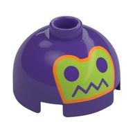 Visuel indicatif Rebrickable de Brique ronde 2 x 2 dessus de dôme, tenon ventilé avec visage de vert citron, yeux / bouche violet foncé, motif imprimé bord orange (Brick Round 2 x 2 Dome Top, Vented Stud with Lime Face, Dark Purple Eyes/Mouth, Orange Border Print)