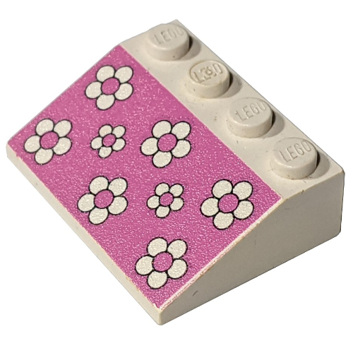 Visuel indicatif Rebrickable de Brique inclinée 33° 3 x 4 avec fond rose Fleurs blanches motif imprimé (Brick Sloped 33° 3 x 4 with Pink Background White Flowers Print)