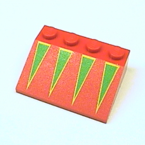 Visuel indicatif Rebrickable de Brique inclinée 33° 3 x 4 avec Triangles Verts avec Bord Jaune imprimé (Brick Sloped 33° 3 x 4 with Green Triangles with Yellow Border Print)