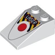 Visuel indicatif Rebrickable de Brique inclinée 33° 3 x 2 avec cercle rouge, bandes de danger et motif imprimé 'LASER' (Brick Sloped 33° 3 x 2 with Red Circle, Danger Stripes and 'LASER' Print)