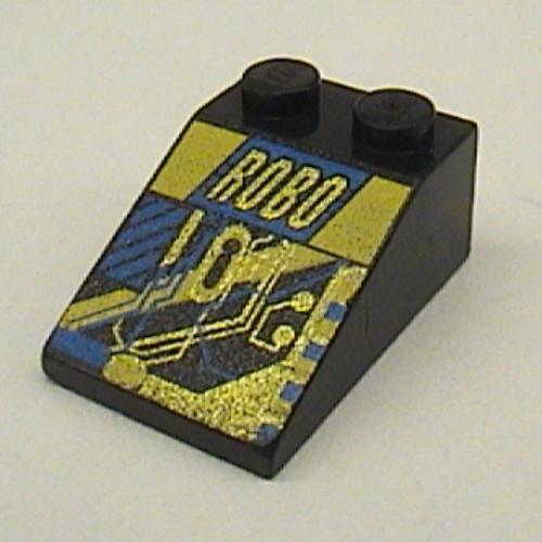 Visuel indicatif Rebrickable de Brique inclinée 33° 3 x 2 avec RoboForce or 'ROBO' et circuit imprimé bleu et jaune (Brick Sloped 33° 3 x 2 with RoboForce Gold 'ROBO' and Blue and Yellow Circuitry Print)