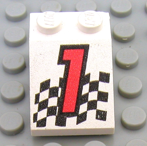 Visuel indicatif Rebrickable de Brique inclinée 33° 3 x 2 avec rouge '1', motif imprimé drapeau à carreaux (Brick Sloped 33° 3 x 2 with Red '1', Chequered Flag Print)