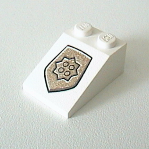 Visuel indicatif Rebrickable de Brique inclinée 33° 3 x 2 avec insigne de police en or de la ville du monde (Brick Sloped 33° 3 x 2 with World City Gold Police Badge Print)