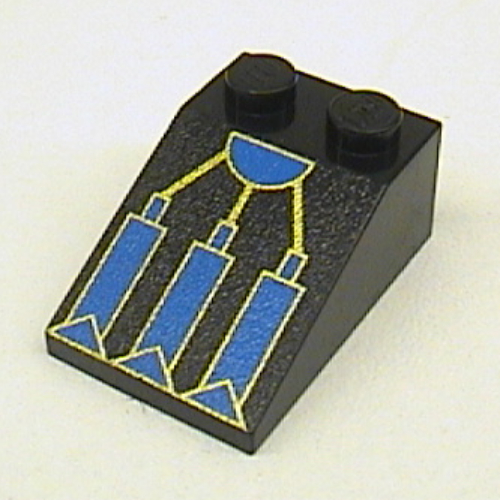 Visuel indicatif Rebrickable de Brique inclinée 33° 3 x 2 avec motif imprimé pied mécanique RoboForce Bleu et Or (Brick Sloped 33° 3 x 2 with RoboForce Blue and Gold Mechanical Foot Print)