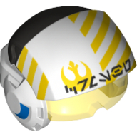 Casque avec visière rebelle pilote, avant surélevé, visière transparent-jaune, rayures jaunes, motif imprimé lettre étrangère (Helmet with Visor Rebel Pilot, Raised Front, Trans-Yellow Visor, Yellow Stripes, Alien Letter Print)