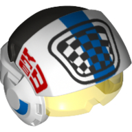 Casque avec visière rebelle pilote, avant surélevé, visière transparent-jaune, bande bleue et damier drapeau motif imprimé (Helmet with Visor Rebel Pilot, Raised Front, Trans-Yellow Visor, Blue Stripe and Checker Flag Print)