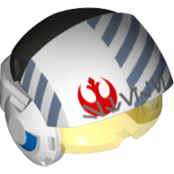 Casque avec visière rebelle pilote, avant surélevé, visière transparent-jaune, rouge rebelle logo, motif imprimé lettre étrangère (Helmet with Visor Rebel Pilot, Raised Front, Trans-Yellow Visor, Red Rebel Logo, Alien Letter Print)