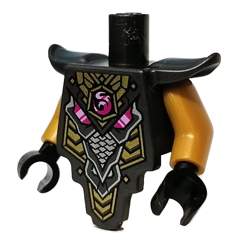 Visuel indicatif Rebrickable de Torse court, armure modifiée avec cristal rose, motif imprimé armure or / argent, bras or nacré, mains noires (Torso Short, Modified Armor with Pink Crystal, Gold/Silver Armour Print, Pearl Gold Arms, Black Hands)