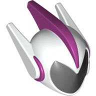 Casque avec visière noire, 2 longues oreillettes et 1 longue pointe magenta centrale (Helmet with Black Visor, 2 Long Earpieces, and 1 Long Central Magenta Spike)