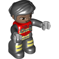 Visuel indicatif Rebrickable de Figurine Duplo avec des cheveux courts épais peignés sur le avant noir, jambes noires, veste avec des rayures de sécurité jaune clair lumineux, insigne de feu et motif imprimé par radio (pompier) (Duplo Figure with Thick Short Hair Combed over Forehead Black, Black Legs, Jacket with Bright Light Yellow Safety Stripes, Fire Badge, and Radio Print (Firefighter))
