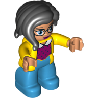 Visuel indicatif Rebrickable de Figurine Duplo avec longue section de cheveux à l'avant, avec des yeux bleus avec des lunettes, des jambes d'azur foncé, pull magenta avec motif imprimé col blanc (Duplo Figure with Long Hair Section in Front, with Blue Eyes with Glasses, Dark Azure Legs, Magenta Sweater with White Collar Print)