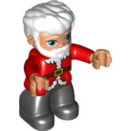 Visuel indicatif Rebrickable de Duplo figurine avec cheveux épais peignés vers l'avant et barbe blanche, veste rouge avec garniture blanche et ceinture avec motif imprimé boucle, jambes noires (Santa) (Duplo Figure with Thick Hair Combed Forward and Beard White, Red Jacket with White Trim and Belt with Buckle Print, Black Legs (Santa))