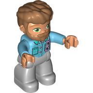 Visuel indicatif Rebrickable de Duplo figurine avec cheveux épais peignés vers l'avant et nougat barbe, chemise azur moyen, jambes gris clair bleuâtre (Duplo Figure with Thick Hair Combed Forward and Beard Nougat, Medium Azure Shirt, Light Bluish Grey Legs)