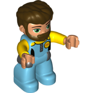 Visuel indicatif Rebrickable de Duplo figurine avec cheveux épais peignés vers l'avant et barbe brun foncé, jambes azur moyen, bras jaunes, motif imprimé costume humide (Duplo Figure with Thick Hair Combed Forward and Beard Dark Brown, Medium Azure Legs, Yellow Arms, Wet Suit Print)