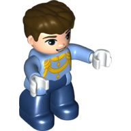 Visuel indicatif Rebrickable de Duplo figurine avec cheveux épais peignés vers l'avant, avec des détails dorés sur la chemise, les jambes bleu foncé, les mains blanches (Prince) (Duplo Figure with Thick Hair Combed Forward, with Gold Details on Shirt, Dark Blue Legs, White Hands (Prince))