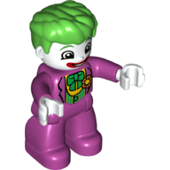 Visuel indicatif Rebrickable de Figurine Duplo avec cheveux épais peignés vers l'avant, jambes et bras magenta, mains blanches, avec visage de clown blanc et arc vert sur motif imprimé poitrine (Joker) (Duplo Figure with Thick Hair Combed Forward, Magenta Legs and Arms, White Hands, with White Clown Face and Green Bow on Chest Print (Joker))