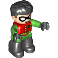 Visuel indicatif Rebrickable de Figurine Duplo aux cheveux épais peignés vers l'avant, avec jambes et mains noires, bras vert vif et motif imprimé logo rouge-gorge (Duplo Figure with Thick Hair Combed Forward, with Black Legs and Hands, Bright Green Arms, and Robin Logo Print)