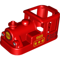 Visuel indicatif Rebrickable de Cabine de moteur à vapeur Duplo Train 4 x 8 x 3 1/2 avec phares, rouge '925' en cercle jaune à l'avant et jaune '925' sur le côté motif imprimé (Duplo Train Steam Engine Cabin 4 x 8 x 3 1/2 with Headlights, Red '925' in Yellow Circle on Front, and Yellow '925' on Side Print)