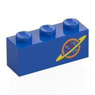 Visuel indicatif Rebrickable de Brique 1 x 3 avec planète orange, anneau jaune, taches motif imprimé (Brick 1 x 3 with Orange Planet, Yellow Ring, Specks Print)