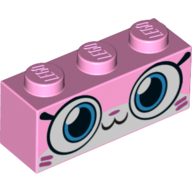 Brique 1 x 3 avec Unikitty, bouche fermée sourire et lignes magenta dans les coins motif imprimé (Brick 1 x 3 with Unikitty, Closed Mouth Smile and Magenta Lines in Corners Print)
