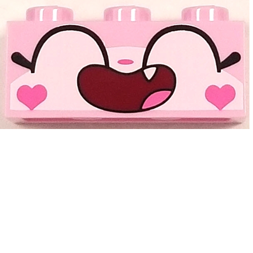 Brique 1 x 3 avec motif imprimé Unikitty, yeux larges fermés Bouche ouverte avec une dent et cœurs sur joues (Brick 1 x 3 with Unikitty, Wide Closed Eyes Smiling Open Mouth with One Tooth and Hearts on Cheeks Print)