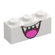 Brique 1 x 3 avec bouche ouverte sourire avec les dents et la langue rose foncé (Boo) motif imprimé (Brick 1 x 3 with Open Mouth Smile with Teeth and Dark Pink Tongue (Boo) Print)
