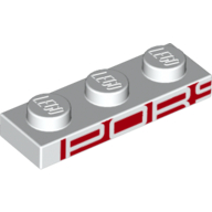 Visuel indicatif Rebrickable de Plaque 1 x 3 avec motif imprimé "PORS" blanc sur fond rouge (Plate 1 x 3 with White "PORS" on Red Background Print)