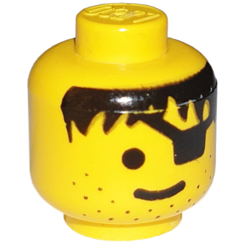 Tête de minifigurine Pirate, cache-œil, barbe naissante, motif : cheveux noirs [tenon plein] (Minifig Head Pirate, Eyepatch, Stubble, Black Hair Print [Solid Stud])