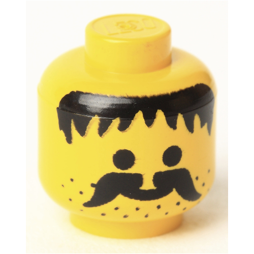 Tête de minifigurine, moustache, barbe naissante et cheveux désordonnés motif imprimé noir [tenon solide] (Minifig Head, Moustache, Stubble and Messy Hair Black Print [Solid Stud])