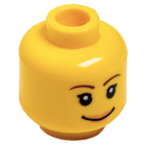 Tête de minifigurine, sourcils fins bruns, pupilles blanches, cils courts, grand sourire noir et motif imprimé lèvres roses (Minifig Head, Brown Thin Eyebrows, White Pupils, Short Eyelashes, Wide Black Smile and Pink Lips Print)