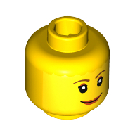 Tête de minifigurine Mary Jane, sourcils fins bruns, pupilles blanches et cils courts, grand sourire aux lèvres rouges motif imprimé (Minifig Head Mary Jane, Brown Thin Eyebrows, White Pupils and Short Eyelashes, Wide Smile with Red Lips Print)