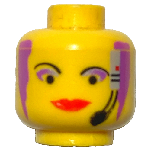 Tête de minifigurine Radia, lèvres rouges, cheveux pourpre et micro-casque, motif imprimé larges lèvres (Minifig Head Radia, Red Lips, Purple Hair and Headset, Wide Lips Print)
