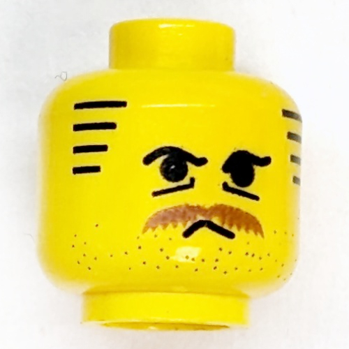 Tête de minifigurine gabarros, moustache brun broussailleux, barbe naissante, rides sous les yeux, rayures favoris motif imprimé (Minifig Head Gabarros, Moustache Brown Bushy, Stubble, Under-Eyes Wrinkles, Stripe Sideburns Print)