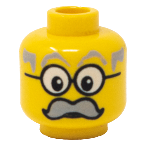 Tête de minifigurine infomaniac, moustache grand gris, sourcils gris, et de grands verres motif imprimé [tenon creux bouché] (Minifig Head Infomaniac, Moustache Large Gray, Gray Eyebrows, and Large Glasses Print [Blocked Open Stud])